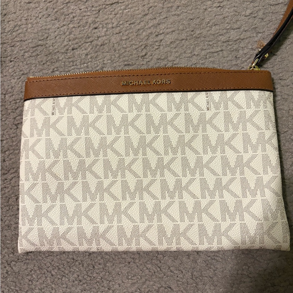 Michael Kors White and Brown Monogram Clutch
